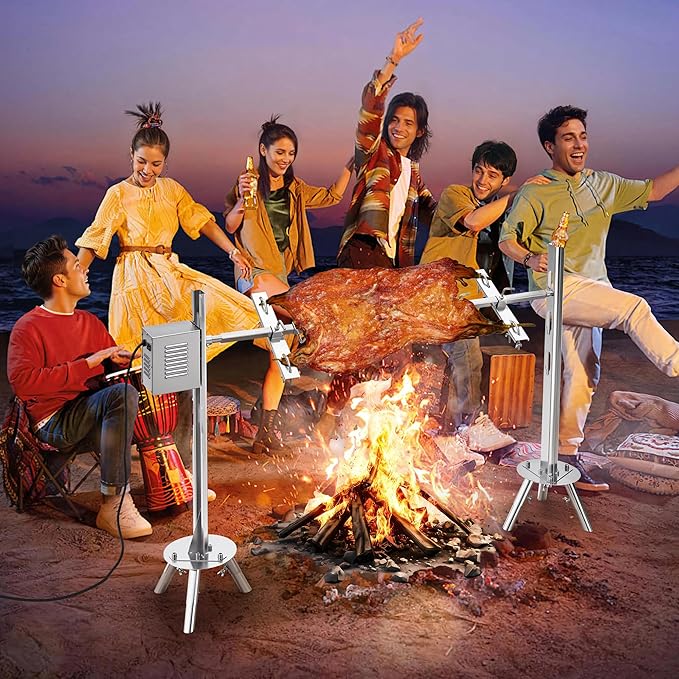 Jocisland Electric BBQ Rotisserie Grill Kit, 46" 132 Lbs Capacity, 45W Motor, Height-Adjustable Stainless Steel Pig Roaster with Triangular Stability Support Stand for Pig Lamb