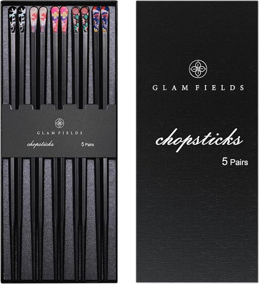 GLAMFIELDS 5 Pairs Premium Chopsticks Reusable Dishwasher Safe 9.5 Inch Fiberglass Chop Sticks Gift Set Hexagon Black Non Slip with the Printed Tops