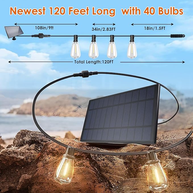 2 Pack 120FT Solar String Lights Outdoor,Solar Patio Lights Waterproof with Remote & 80+4 Dimmable ST38 Shatterproof LED Bulbs,Commercial Grade Solar Powered String Lights for Outside