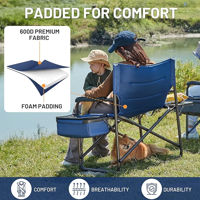TIMBER RIDGE XXL Oversized Directors Chair 600lbs - Heavy Duty Camping Chair with Cooler Bag & Table, Portable Folding Chair with Wide Seat for Tailgating, Patio, Outdoor - Blue