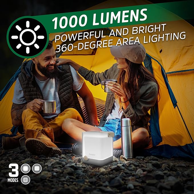 Energizer LightxPower Cube Camping Lantern, X1000 Lantern Dual Power Rechargeable and AA Battery, IPX4 Water Resistant