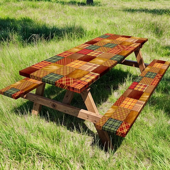 JAWO Picnic Table Covers with Bench Covers Fall Autumn Camping Tablecloth Fitted Picnic Table Cover with Elastic Windproof Waterproof Fabric, Camping Accessories Patio & Outdoor