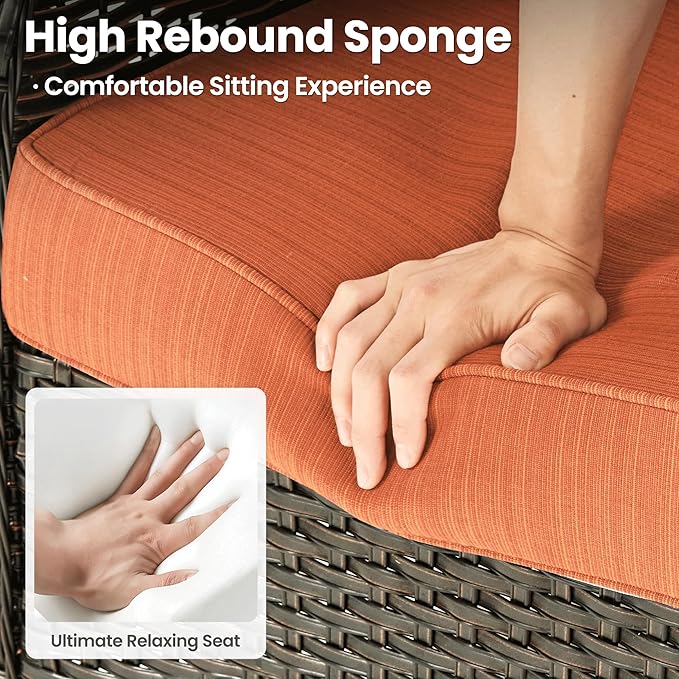 ovios 7 Pieces Patio Furniture Set, Outdoor Wicker Sofas with 4 Chairs, Ottomans and Comfy Cushions, All Weather High Back Couch Set for Deck Porch, Brown Rattan, Orange Red