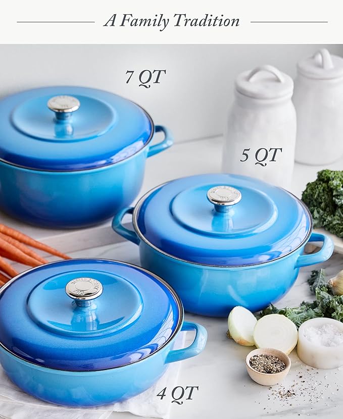 Merten & Storck 7QT Round Dutch Oven Casserole Pot with Lid, European Crafted Enameled Iron Stockpot, Induction & All Cooktops, Braising, Stews, Roasting, Slow Cooking, Sourdough, Caribbean Blue