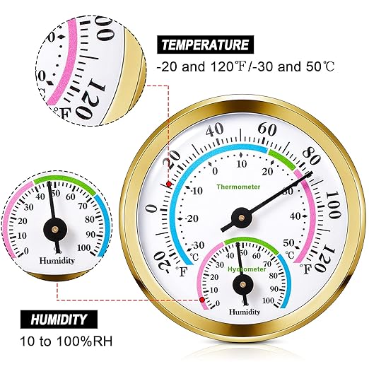 Weewooday 3 Pcs Indoor Outdoor Thermometer 2 in 1 Mini Home Temperature Humidity Hygrometer Monitor Gauge for Home Offices Wall(Gold)
