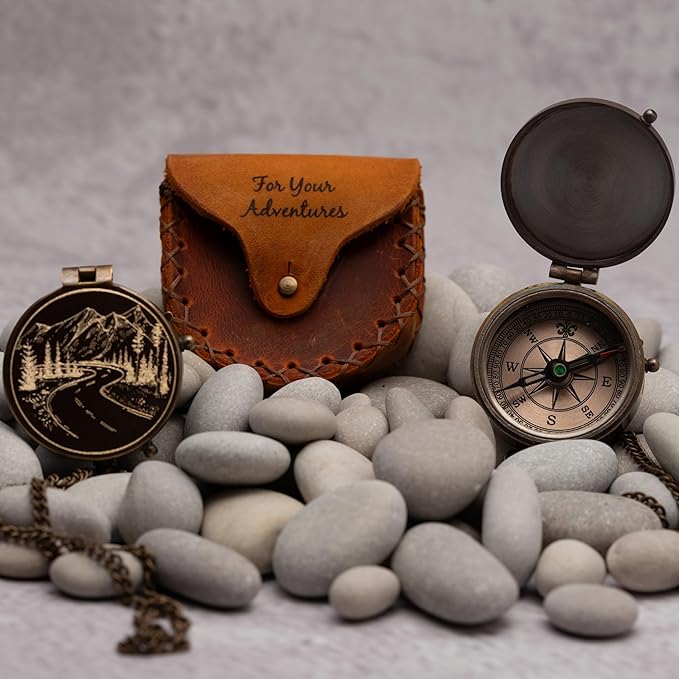Engraved Compass Gift for Men – Vintage Brass Pocket Compass for Hiking, Adventure, and Travel – Antique Finish with Leather Case – Moon & Stars, or Road Design – Gift for Dad, Husband, or Son