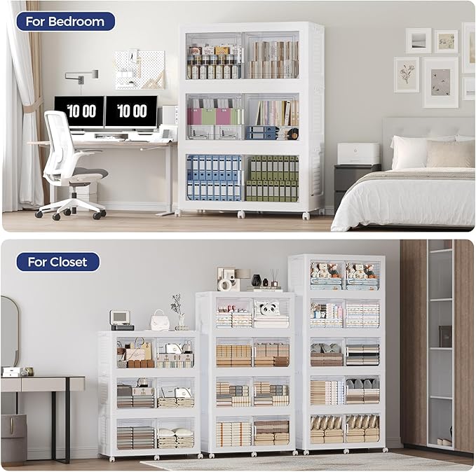 120GAL Extra Large Storage Bins with Lid, 480Qt Stackable Closet Organizers and Drawers, Collapsible Storage Bins with Wheels, Folding Storages Cabinet for Home Bedroom Office, 3Pack White