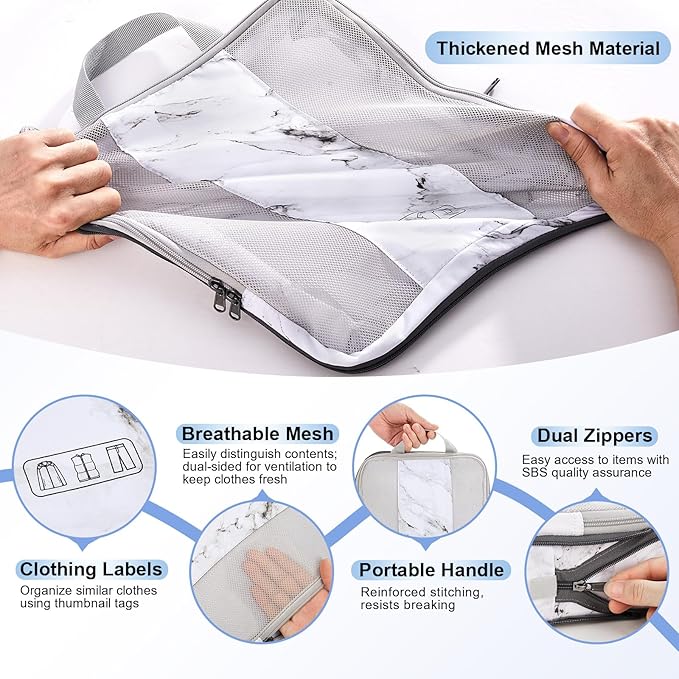 10 Set Compression Packing Cubes for Travel Essentials,Compressible Expandable Packing Cubes for Suitcase,OlarHike Luggage Organizer Bags for Travel,Handy Helper for Organizing Clothes(White Marble)