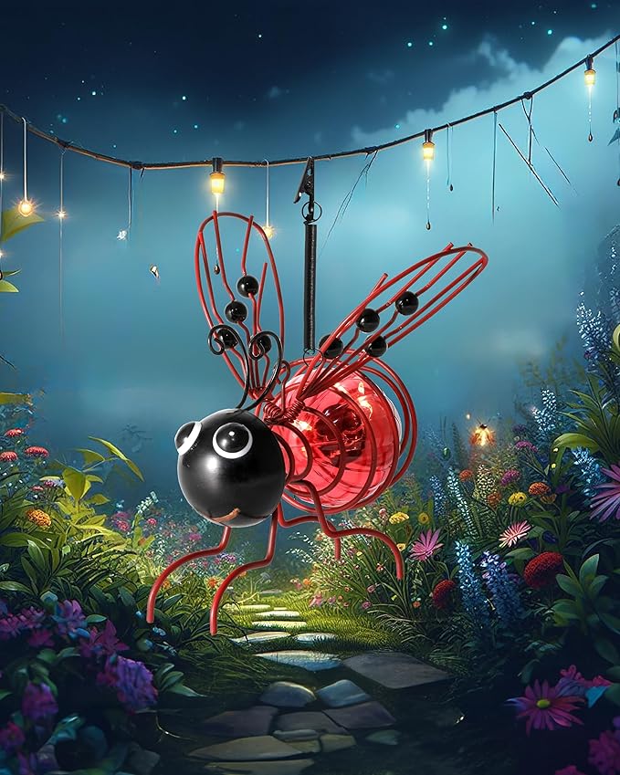 iStatue Solar-Powered Hanging Metal Ladybug Light Garden Decor | Lady Bug Sculpture with Bouncy Springs | Summer Outdoor Art Decorations (Red)