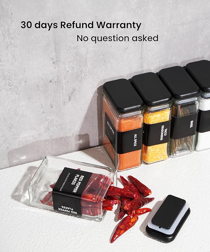 Glass Square Spice Jars with Labels, 4oz Glass Jars with Bamboo Lids, Spice Bottles, Seasoning Organizer, 12 Pack (Black)