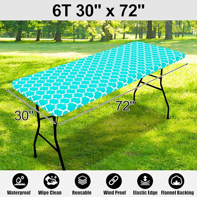 Smiry Rectangle Picnic Table Cover, Waterproof Elastic Fitted Camping Tablecloths for 6 Foot Tables, Wipeable Flannel Backed Vinyl Tablecloth Protector for Indoor, Outdoor (Teal, 30x72 Inches)