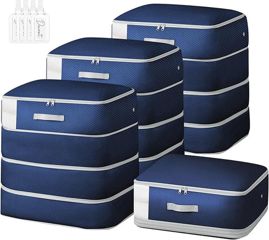 Comforter Storage Bag - Large Capacity Blanket Storage Bags 4-Layer Ultra Space Saving Self Compression Organizer, Washable Compression Bags for Storage Comforter Blanket, 4-Pack, Navy Blue