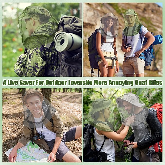 HESTYA 4 Pack Mosquito Head Net Face Mesh Protecting Net for Outdoor Hiking Camping Climbing Mosquito Fly Insects Preventing(Gray, Army Green)