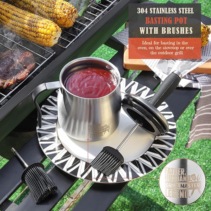 32 OUNCE BBQ Basting Pot with 2 Replaceable Brushes，Grilling Gifts for Men&Dad，Stainless Steel 304 Barbecue Sauce Pot Brush Set，Airtight Melting Pot Sauce Container，Birthday Gifts for HIm Dad Husband