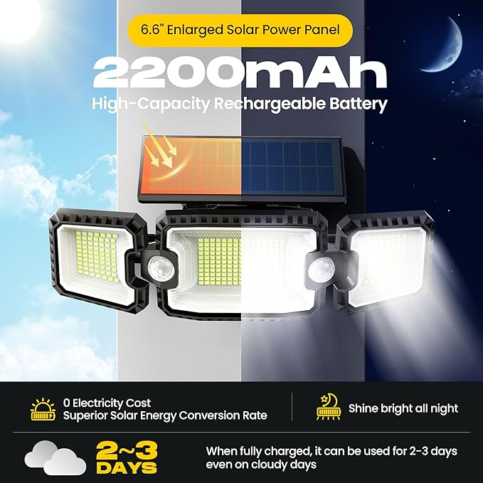 Solar Power Outdoor Light Lamp,[2 PCS] Day to Dusk Modes, 305 LED 3000LM 270° Wide Angle Motion Sensor Flood Light, 2200mAH High Capacity, Motion Lights for Outside, Yard, Patio, Pathway