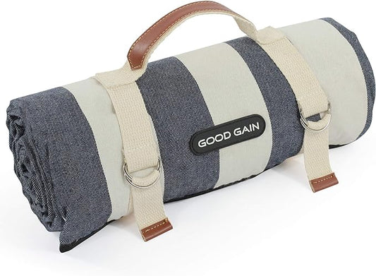 G GOOD GAIN Waterproof Picnic Blanket Portable with Carry Strap for Beach Mat or Family Outdoor Camping Party, Park Blanket for Grass Park, Hiking, Travel, Concerts (Denim Blue)
