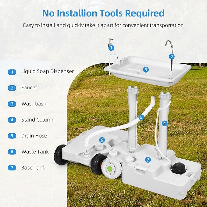 YITAHOME Portable Sink Camping,30 L Hand Washing Station with 30 L Sewage Tank, Rolling Wheels, Soap Dispenser, Towel Holder, Ideal for Outdoor, Travel, RV, Boat, Camper, Tripper