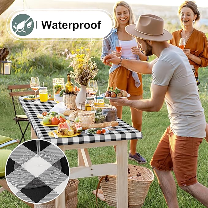 misaya Buffalo Rectangle Picnic Tablecloth, 6 Foot Elastic Fitted Vinyl Table Cloth with Flannel Backing, Waterproof Plaid Table Covers for Dining, Camping, Outdoor (Black and White, 30" x 72")