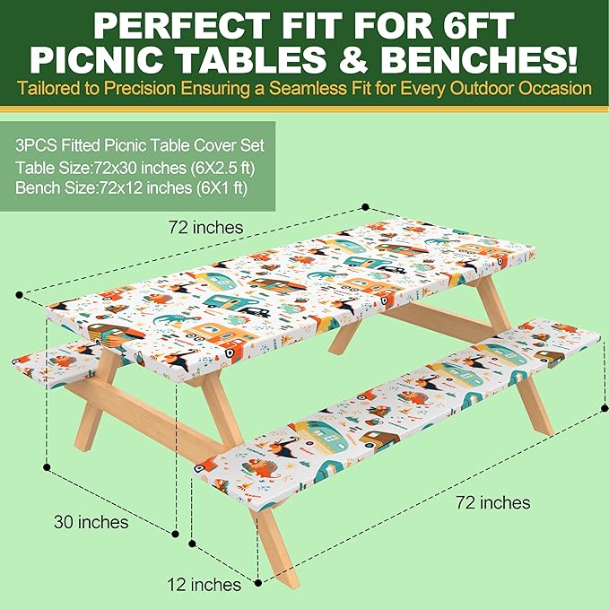 72 X 30 Inch Elastic Fitted Camping Table Cover with Bench Covers & Storage Bag, Picnic Tablecloth, Fits 6ft Picnic Tables, Polyester, Washable, Spill Resistant, Waterproof - Dino