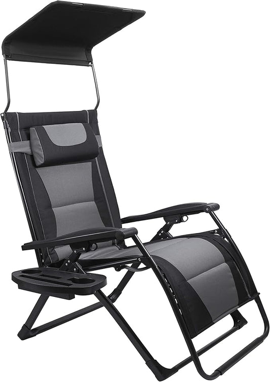 XXL Oversize Recliner Folding Chair – Heavy Duty Zero Gravity Lounge Chair with Sunshade, Cup Holder Tray & Padded Seat – Extra Wide Reclining Patio Chair for Camping & Outdoors