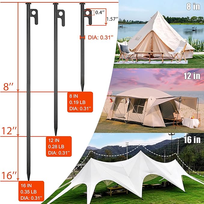 8 Pack Tent Stakes Heavy Duty Metal Tent Pegs for Camping Steel Tent Stakes 16 inch Unbreakable and Inflexible