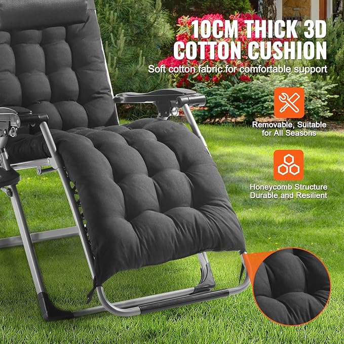 VEVOR Zero Gravity Chair, 26 inch Zero Gravity Recliner Lounge Chair for Indoor and Outdoor, Adjustable Anti Gravity Chair with Cushion, Headrest, Footrest, and Cupholder, 500 lbs, Black
