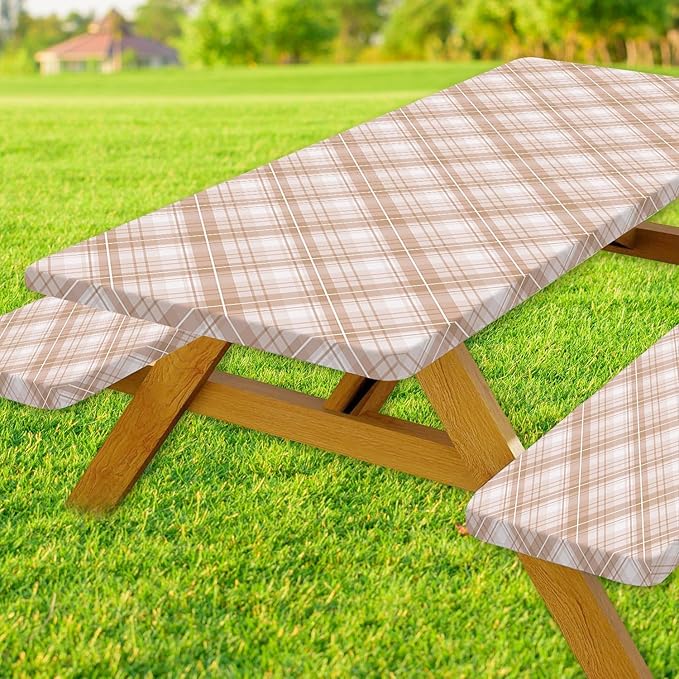 DYNH 3 Pcs Picnic Table Cover with Bench Covers, 6ft Waterproof Reusable Elastic Fitted Rectangle Picnic Table Cloths,30x72IN Beige Plaid Picnic Tablecloth for Camping Patio Travel Outdoor