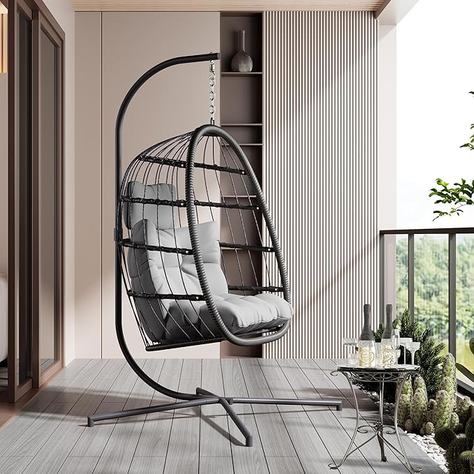 HWB Hanging Egg Chair with Stand, Swing Hammock Chair with Cushion for Indoor Outdoor, Patio Wicker Egg Swing Chair for Balcony Furniture, Light Gray