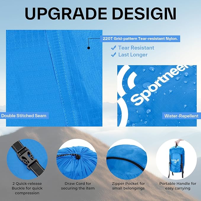 Sportneer Compression Sack, 13L/20L/40L/50L Sleeping Bag Stuff Sack, Tear-Resistant Ultralight Sleeping Bag Compression Sack-Space Saving Gear for Camping Hiking Travel