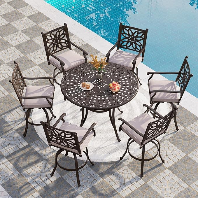 PHI VILLA 7 PCS High Bar Patio Dining Set, Cast Aluminum Outdoor Bar Set for 6 with 54" Round Bar Table and 6 Outdoor Swivel Bar Stool Chairs with Seat Cushion