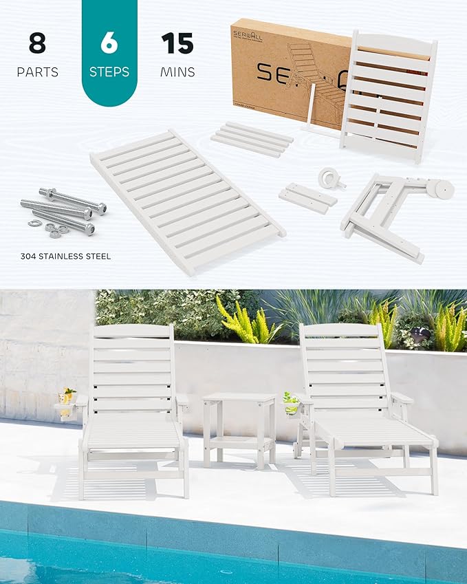 SERWALL Patio Chaise Lounge Chair Set of 2, 78'' Long 5-Positions Adjustable HDPE Outdoor Lounge Chair for Pool, Poly Lounge Chair with Rolling Wheels & Cup Holder for Poolside, Deck, White