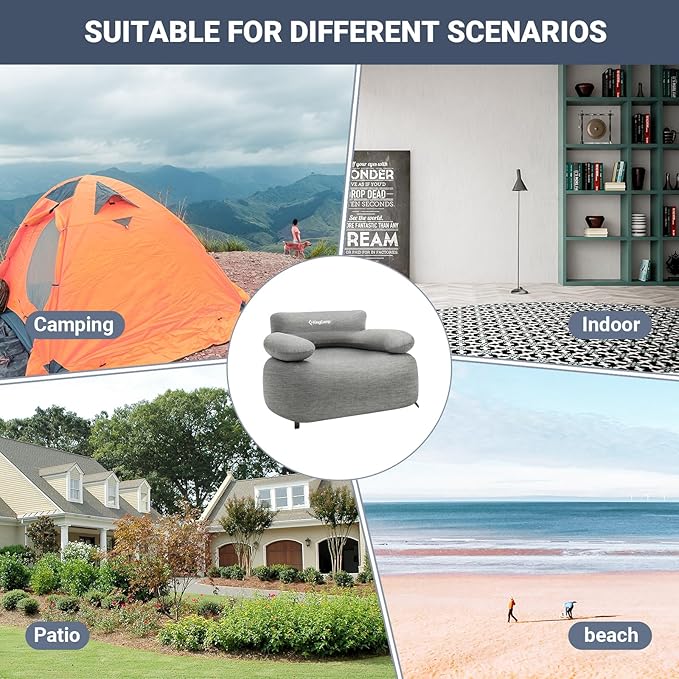 KingCamp Inflatable Couch for Camping, Portable Foldable Eco-Friendly Reach-Certified PVC Liner Air Lounger Blow Up Sofa with Foot Pump, Pegs, Repair Kit & Removable Cover