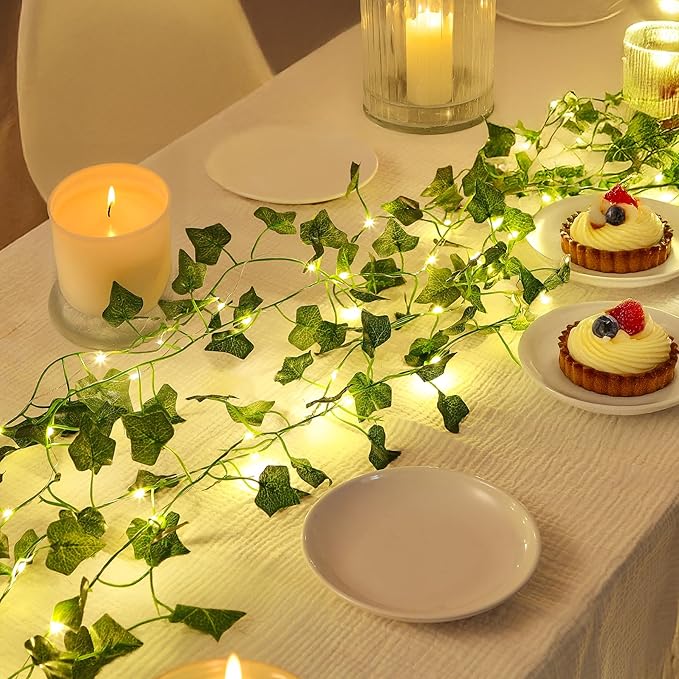 Vine with Fairy Lights for Room Decor, 33ft 100 LED Fake Ivy String Light Battery Operated Ivy Curtain Lights for Dorm, Wedding, Party, Garden, Wall, Patio,Table Decor, Indoor, Outdoor(Warm White)