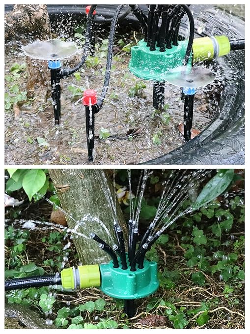 150FT Automatic Drip Irrigation Kit with Lawn Sprinkler, Kalolary 1/4" 1/2" Garden Watering System with 4/7mm 16mm Tube Locked Drip Irrigation Emitter Fittings Adjustable Sprinkler System for Outdoor
