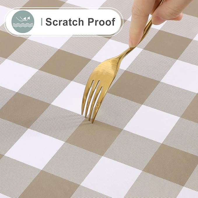 misaya Rectangle Waterproof Vinyl Table Cloth, Buffalo Flannel Backed Tablecloth, Wipeable Plastic Table Cover for Dinner, Kitchen, Outdoor (54" x 78", Khaki and White)