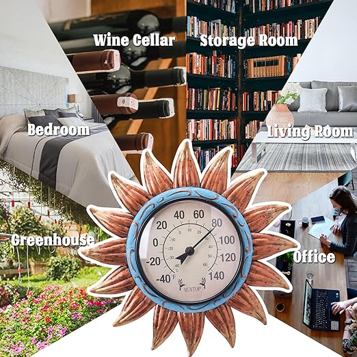 MUMTOP Indoor Outdoor Thermometer - Sunflower Wall Thermometer, Outdoor Thermometers for Patio, Room, Greenhouse, Outside, Garden Decor(Brown)