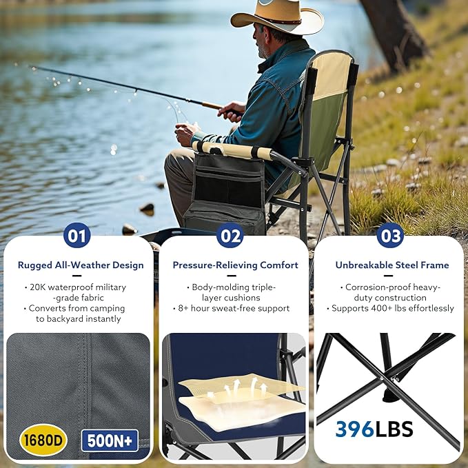 XL Heavy Duty Camping Chair 396lb Capacity (525lb Max) – Waterproof 1680D Oxford Fabric, 2" Padded Seat & Back, Cup Holder, Cooler Pocket, Portable for Camping, Beach & Tailgating (Solid Slate)