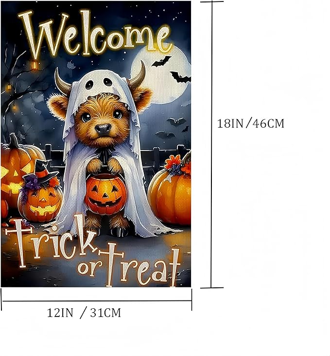 Halloween Garden Flag for Outside 12x18 Inch Double Sided, Cow Pumpkin Small Yard Flags for Outside, Outdoor Welcome Flag Front Porch Decorations for Home