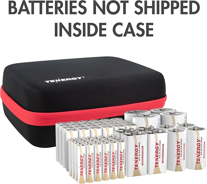 Tenergy Alkaline Batteries & Storage Case, 24xAAs, 24xAAAs, 4xC Size, 4xD Size, 4x9V Size Batteries, and Battery Organizer Case