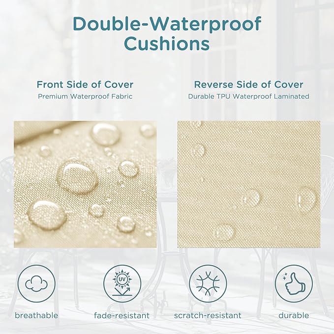 Codi Patio Chair Cushions 19x19 Inch, Waterproof Seat Cushion for Outdoor Furniture with Handles & Adjustable Straps, Fade Resistant - Set of 2, Beige