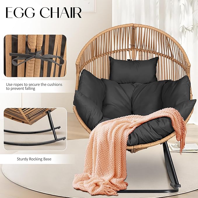 JAMFLY Egg Chair Outdoor Rocking Chairs, Wicker Patio Chair Oversized Lounger Chair with Cushion for Indoor Living Room Bedroom Outside Patio Backyard Balcony, Gray Cushion