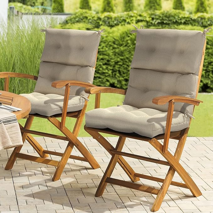 LVTXIII Outdoor Seat and Back Chair Cushion Patio Tufted High Back Cushion with Ties, Seasonal Replacement Rocking Chair Cushion for Home Office Garden Use, 44” L x 22” W, Set of 2, Stripe Beige