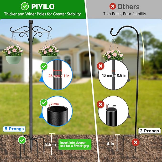 Shepherds Hooks for Outdoor, 2 Pack 76.8 in Heavy Duty Bird Feeder Pole, Thickened Double Shepherd Hook Stand for Hanging Plants, Lanterns, Solar Lights, Wind Chime, Hummingbird Feeder, Garden