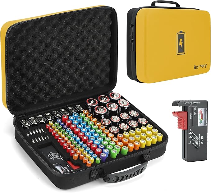 MOSLA Battery Organizer, Waterproof Battery Organizer Storage Case with Tester BT-168 (Yellow&Black)