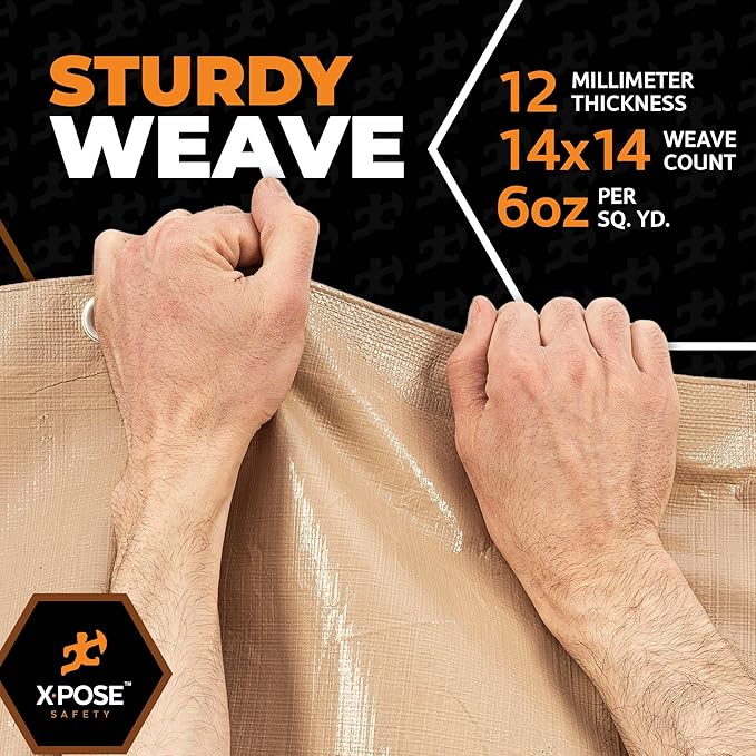 Heavy Duty Tan Poly Tarp 10' X 30' - Multipurpose Protective Cover - Durable, Waterproof, Weather Proof, Rip and Tear Resistant - Extra Thick 12 Mil Polyethylene - by Xpose Safety