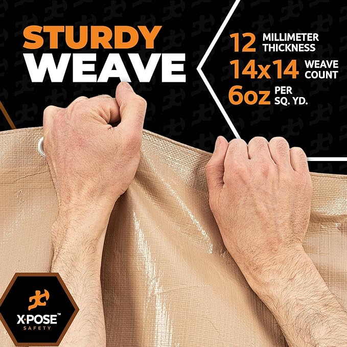Heavy Duty Tan Poly Tarp 10' X 10' - Multipurpose Protective Cover - Durable, Waterproof, Weather Proof, Rip and Tear Resistant - Extra Thick 12 Mil Polyethylene - by Xpose Safety