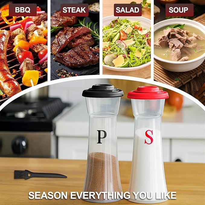 Set of 2 Clear Salt and Pepper Shakers, Plastic Spice Jars with Colorful Lids, Leakproof Moisture-Proof for Home Kitchen Restaurant, Camping, Travel, Picnic (Black Red)