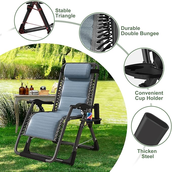 NAIZEA Padded Zero Gravity Chair, Cooling Fabric Folding Outdoor Lounge Chairs, Adjustable Reclining Camping Chairs with Cup Holder, Ergonomic Patio Lawn Chair for Balcony Beach Deck Yard