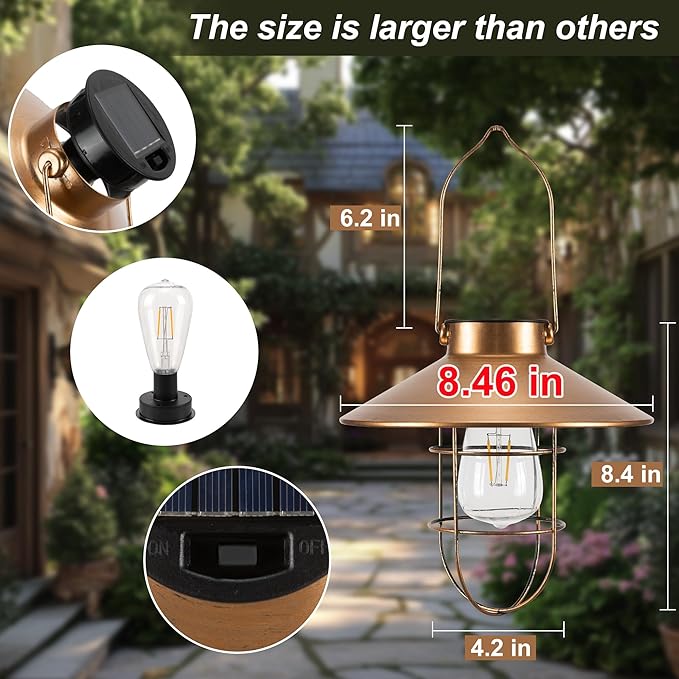 Solar Lantern Outdoor Waterproof Hanging Light Vintage Metal Solar Lantern Light with Warm White Edison Bulb Decorative for Patio, Backyard, Porch,Farmhouse