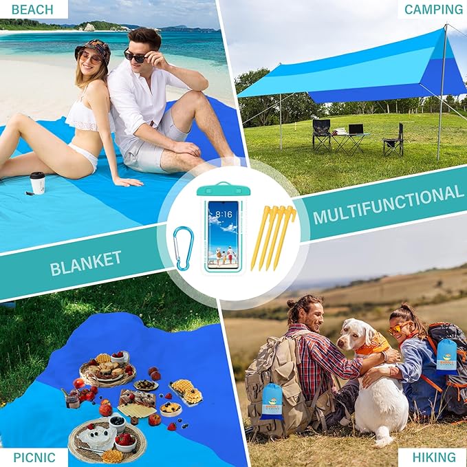 BYDOLL Beach Blanket Waterproof Sandproof 78''×81'' Suits1-4 Adults Compact Lightweight Oversized Sand-Free Blanket Large Picnic Mat for Beach Travel Camping Hiking